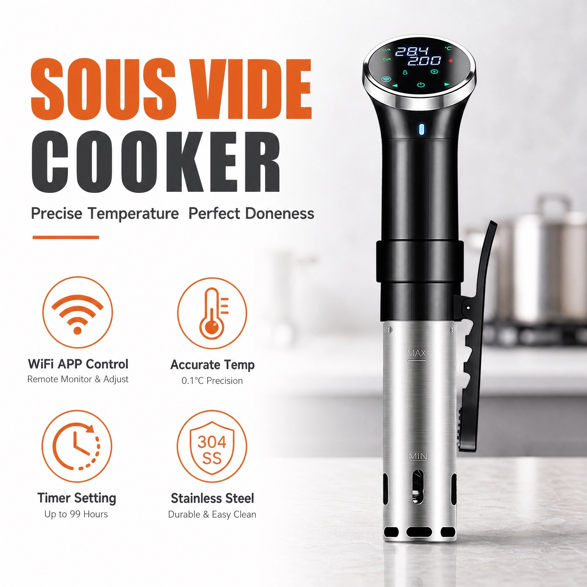 Sous Vide Precision Cooker 1100W - เครื่องทำอาหารซูวีดแบบดิจิตอลพร้อมระบบ WiFi, ฮีตเตอร์แบบจุ่ม 1100 วัตต์ พร้อมฟังก์ชันละลายน้ำแข็งสำหรับสเต็กและชุดเครื่องทำซูวีด