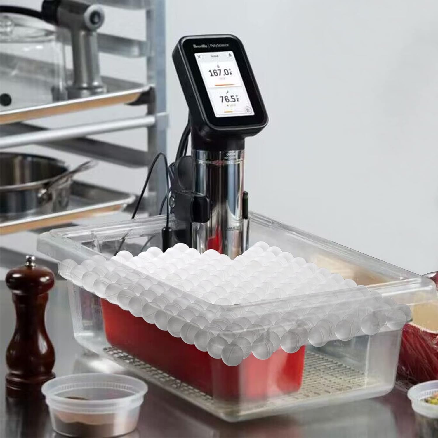 Sous Vide Cooking Balls 250Pcs - ลูกบอลเก็บความร้อนสำหรับมังสวิรัติ 250 ชิ้น อุปกรณ์เสริมสำหรับเครื่องทำอาหารแบบซูวีด สำหรับการเก็บความร้อนและการป้องกันการระเหย